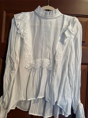 Lace-Trim Ruffle High-Neck Blouse - White